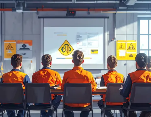 Illustration : des participants en gilets orange suivent une présentation devant un écran et des panneaux de danger