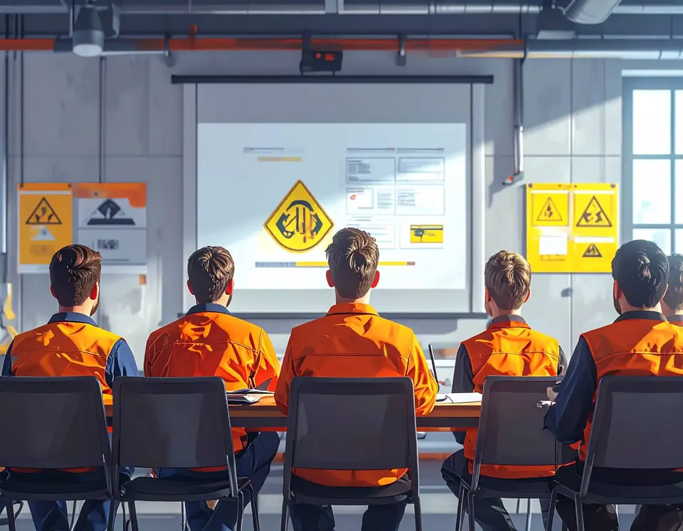 Illustration : des participants en gilets orange suivent une présentation devant un écran et des panneaux de danger