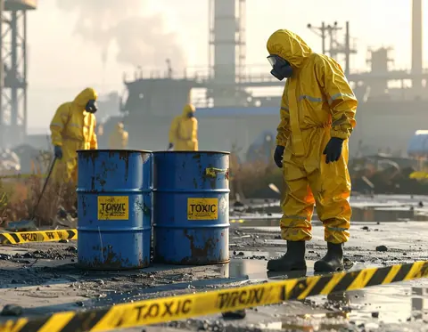 Illustration : des personnes en combinaison de protection jaune près de fûts marqués « toxic » sur un site industriel