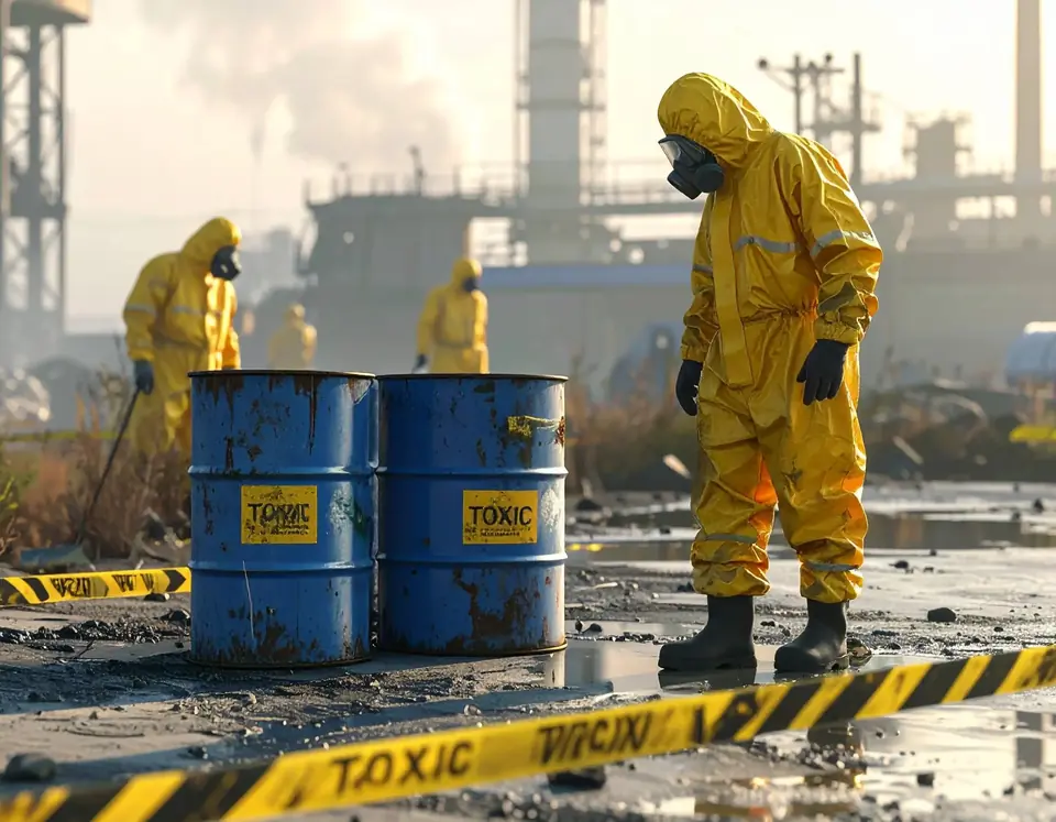 Illustration : des personnes en combinaison de protection jaune près de fûts marqués « toxic » sur un site industriel