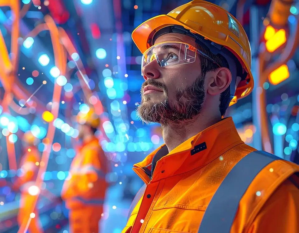 Illustration : un technicien casqué en veste orange, devant un décor de câbles lumineux