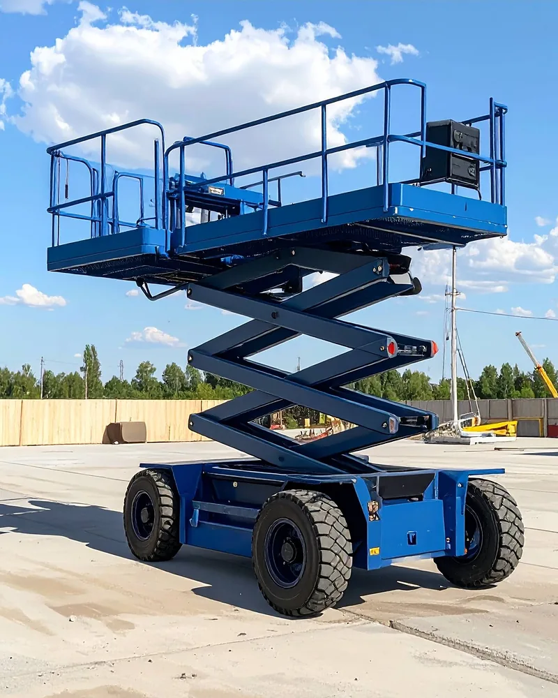 Formation nacelles élévatrices — nacelle ciseaux bleue déployée en position haute sur un chantier