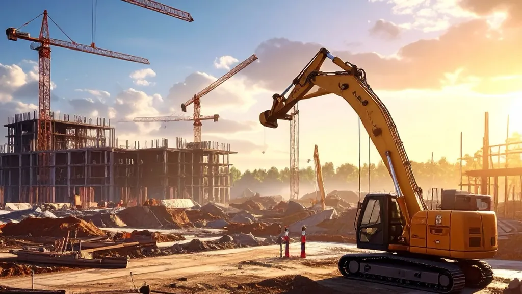 Chantier au coucher du soleil : grues et excavatrice devant un bâtiment en construction