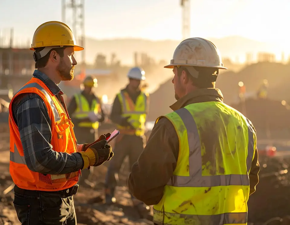 Illustration : deux encadrants en gilet haute visibilité échangent sur un chantier, une équipe à l'arrière-plan