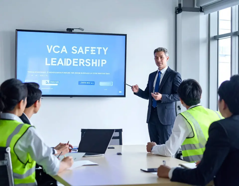 Illustration : un formateur présente un écran intitulé « VCA Safety Leadership » à des participants en gilets de sécurité