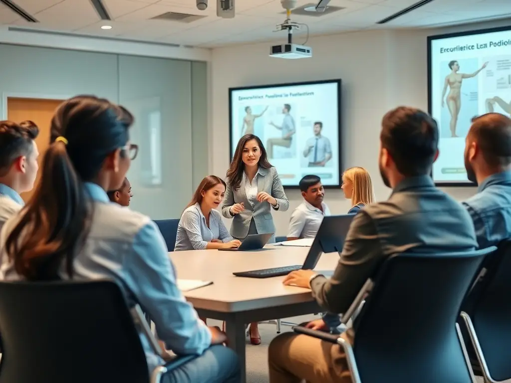 A training session focused on ergonomic principles, with participants adjusting their workstations for optimal comfort and safety.