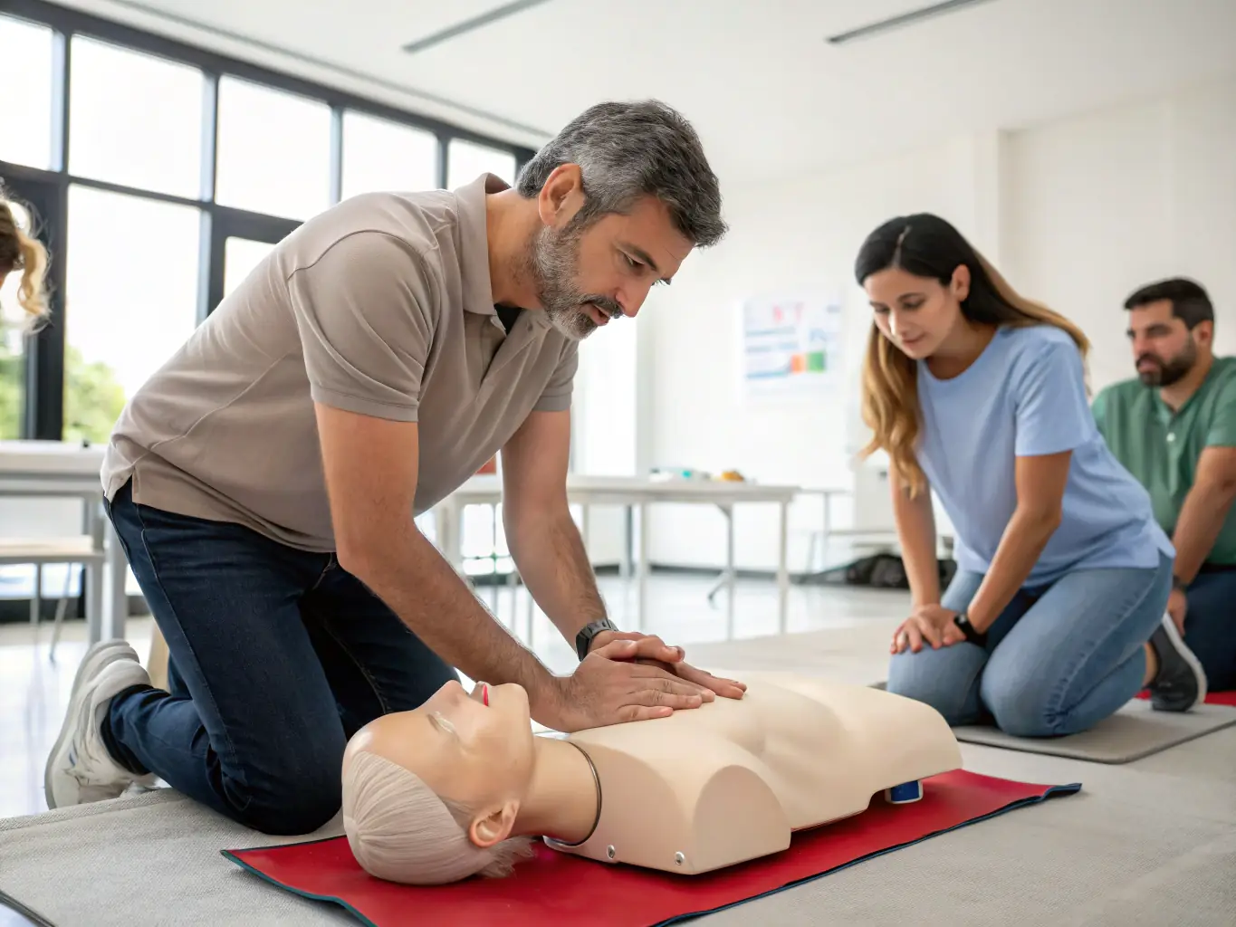 A first aid instructor demonstrating CPR techniques on a mannequin during a training session.