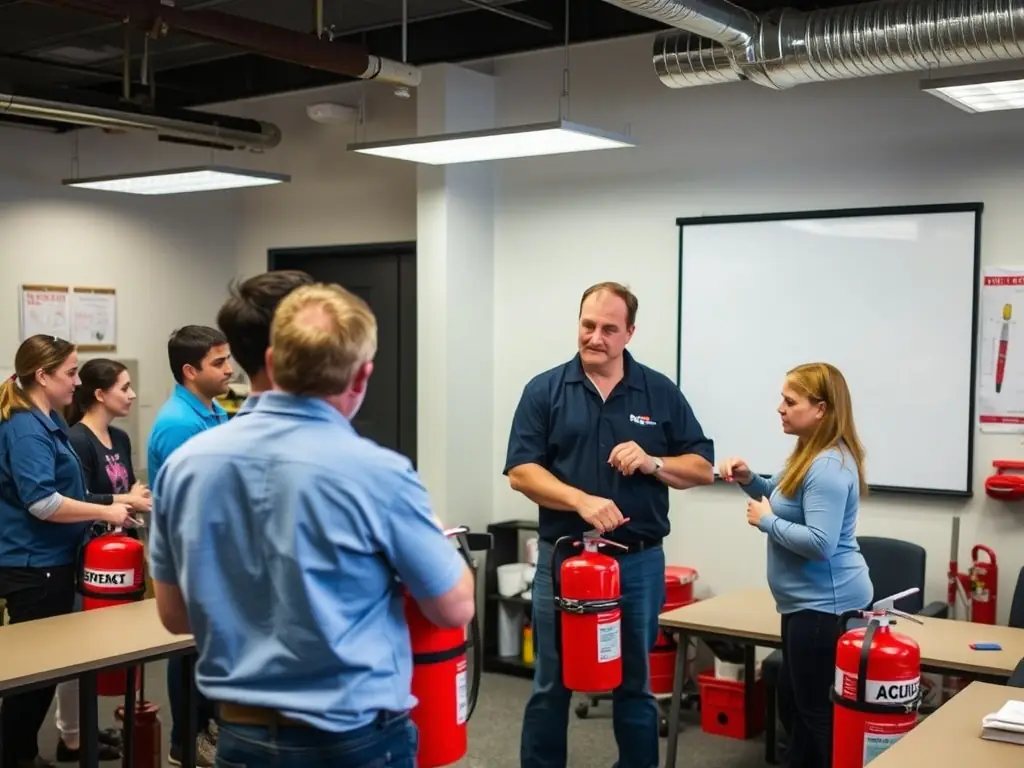 A group of employees participating in a fire safety training session, learning how to use a fire extinguisher in a controlled environment.