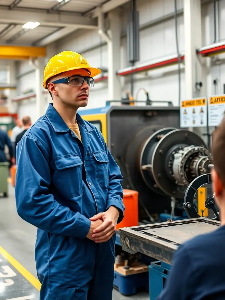 A worker in a manufacturing plant participating in a safety training session on machine guarding, learning about lockout/tagout procedures.