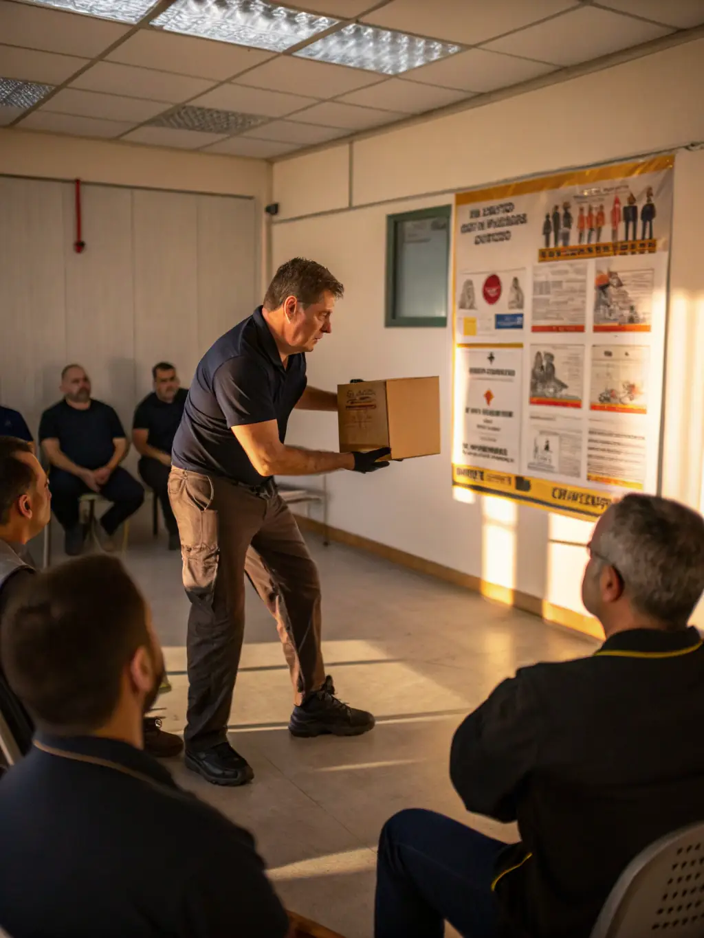 A professional instructor demonstrating proper lifting techniques during a workplace safety training session, emphasizing ergonomics and injury prevention.