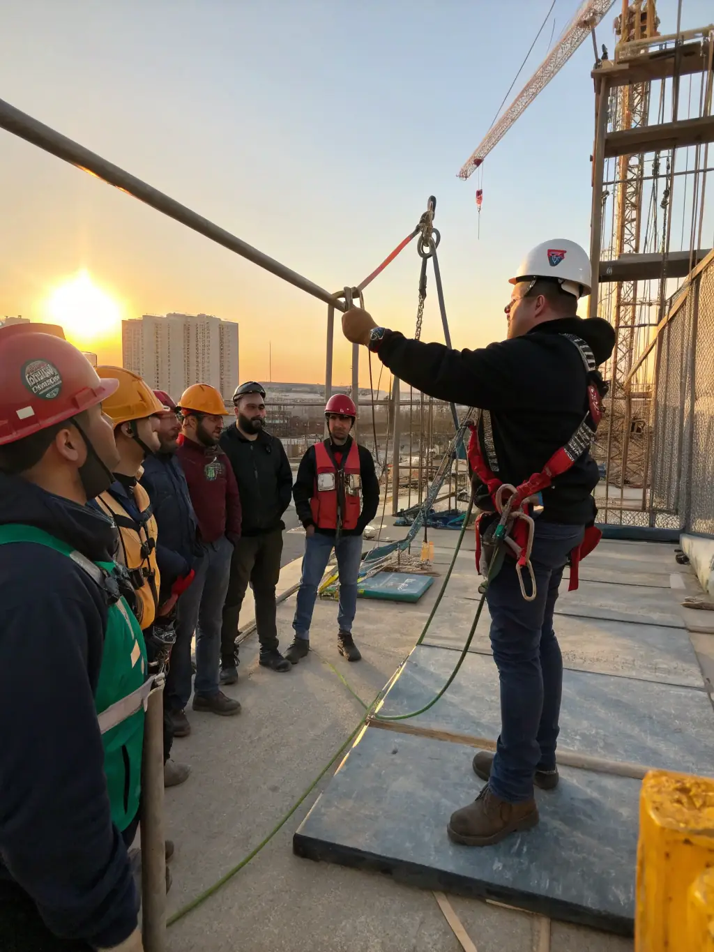 A construction site worker wearing safety gear, participating in a fall protection training session, learning how to properly use harnesses and lanyards.
