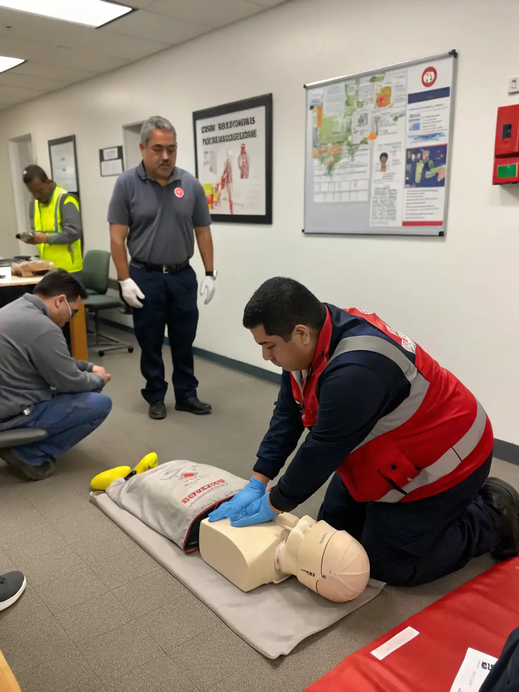 A group of employees participating in a first aid and CPR certification course, practicing chest compressions on a training mannequin.