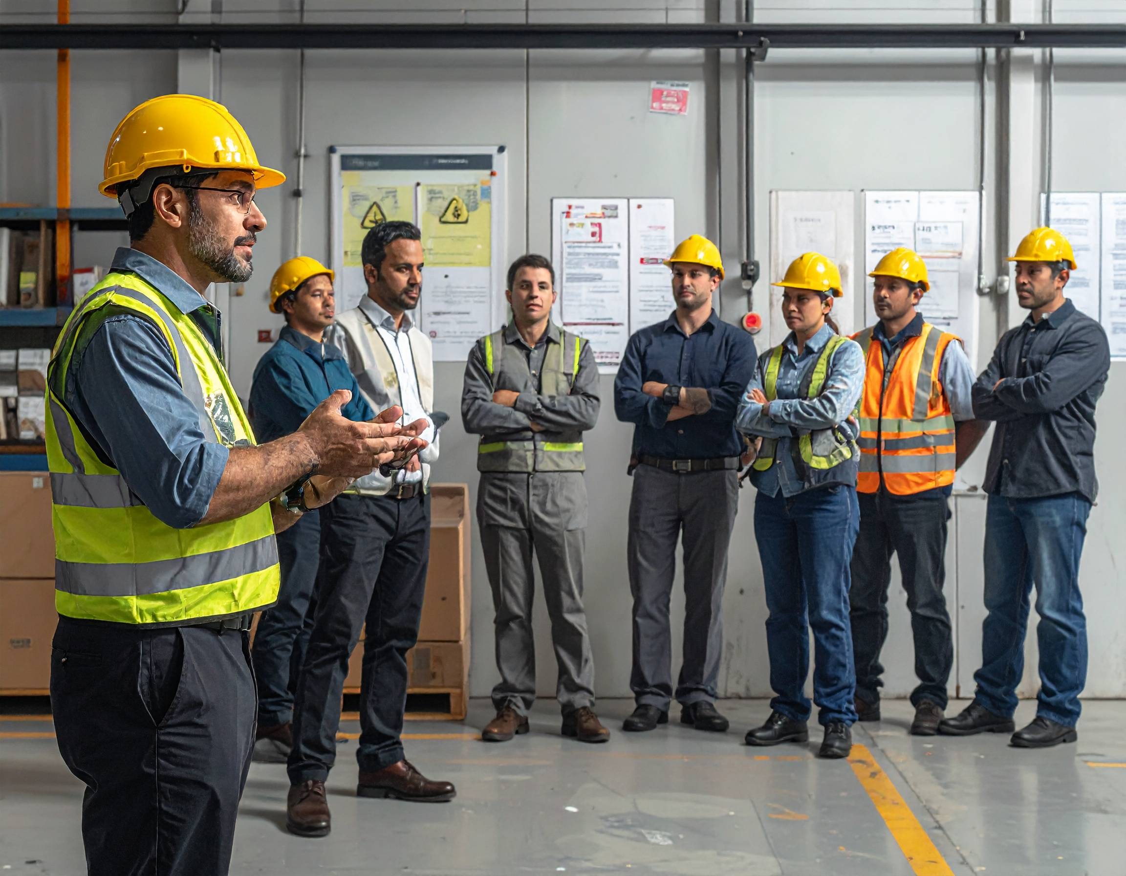 Manager donnant un briefing VCA sécurité aux employés
